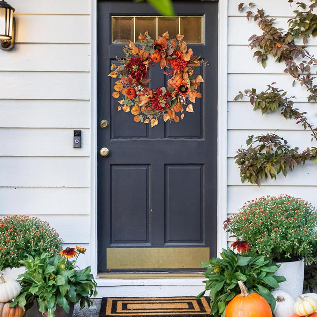 24 Inch Fall Wreaths for Front Door Outside, Fall Door Wreath with Pumpkins,Dahlia,Sunflowers, Maple Leaves,Autumn Wreaths Decorations for Harvest Thanksgiving Halloween Indoor Outdoor Home Decor