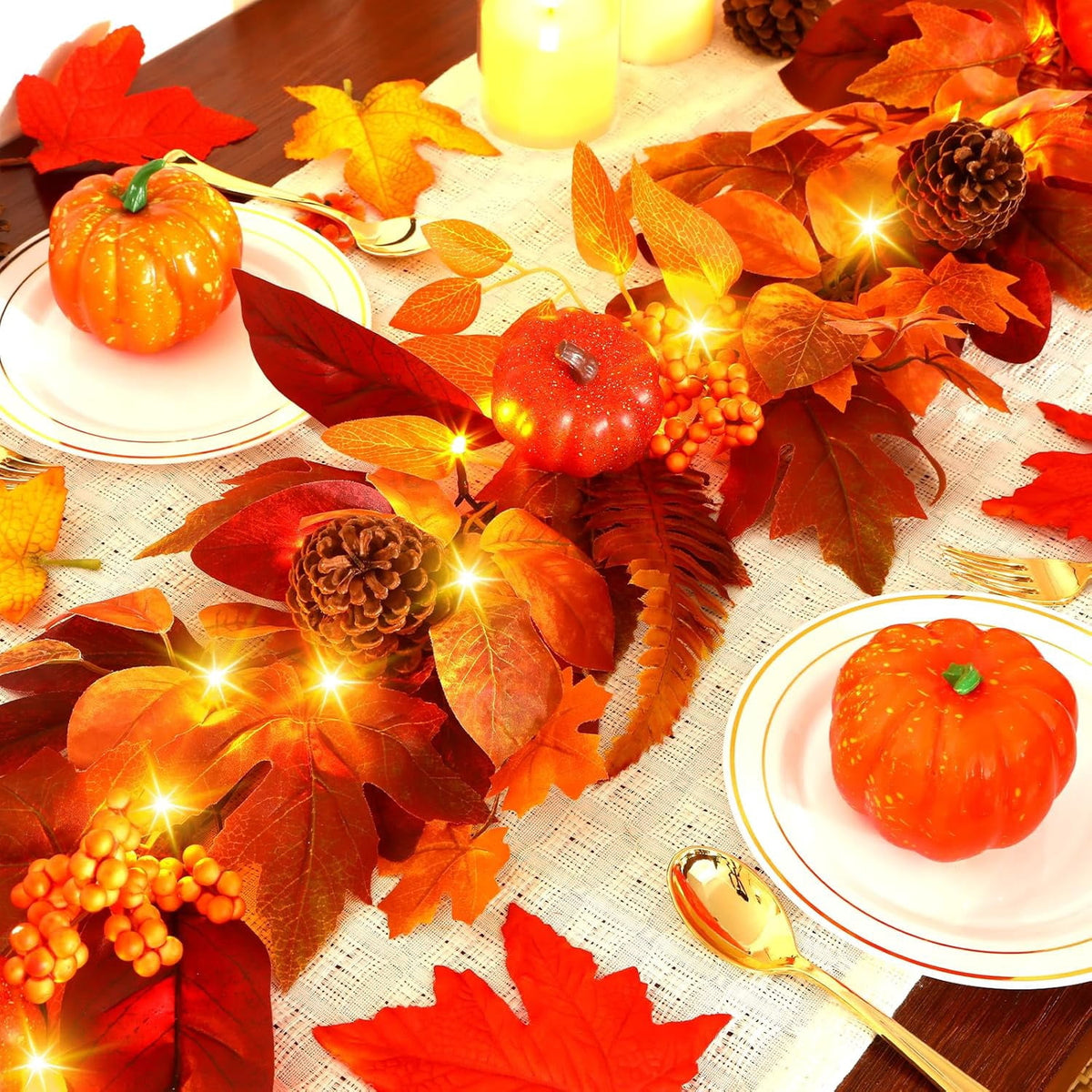 2 Packs 9ft Fall Garland with Lights and Timer for Mantle