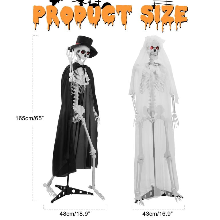 Floseru Halloween Skeleton Bride and Groom, Life Size 65 Inch Couple Set with Sound and Light Effects, Poseable Joints, for Spooky Party Decoration