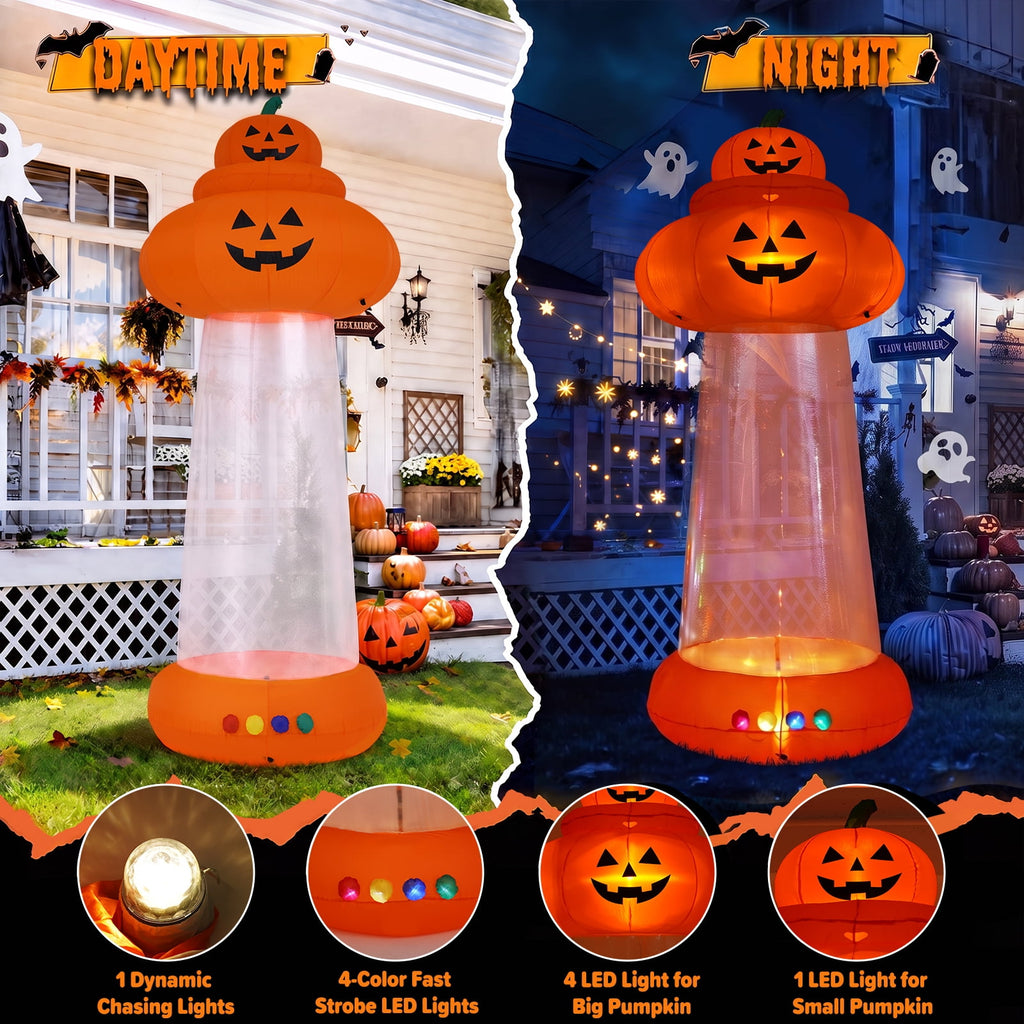 BSHAPPLUS® 9 ft Halloween Pumpkin UFO Inflatable,Walk-in Inflatable Yard Decor with Levitating Cow,Built-in LED Lights,Outdoor Blow up Decor for Lawn Garden Party,19.7ft Extra-Long Power Cord