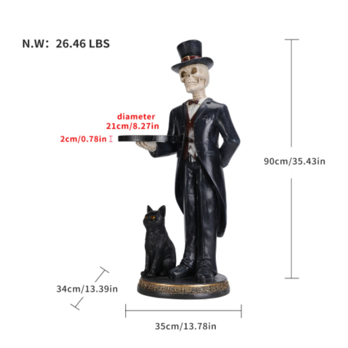 Halloween Skeleton Butler Floor Statue with Serving Tray & Realistic Black Cat, 35.43 Inch Gothic Resin Standing Decor for Entryway, Porch, Living Room, Halloween Party Home Decoration