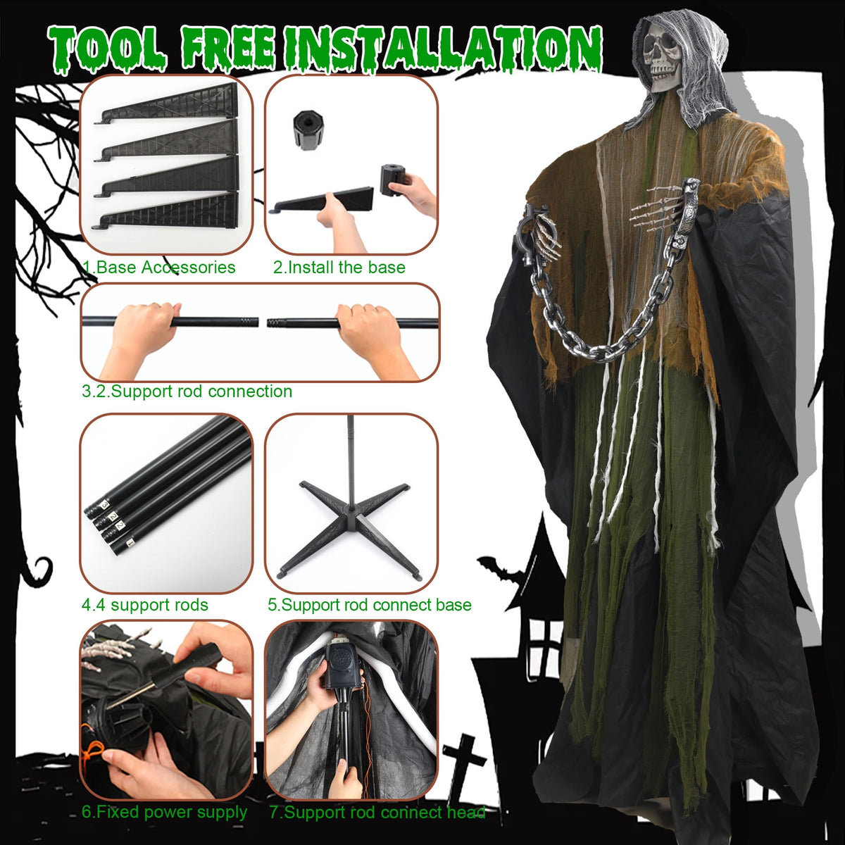 Magotan 6ft Halloween Outdoor Skeleton Ghost Decorations, Sound Controlled Swinging Scary Skeleton Ghost Halloween Decoration for Outdoor Garden Porch Yard Decor,Green