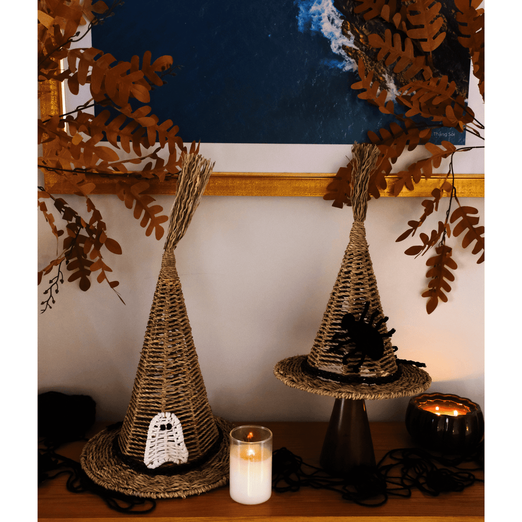 Set of 2 Handwoven Natural Witch Hat Decorations with Ghost and Spider Accents – Halloween Tabletop Décor