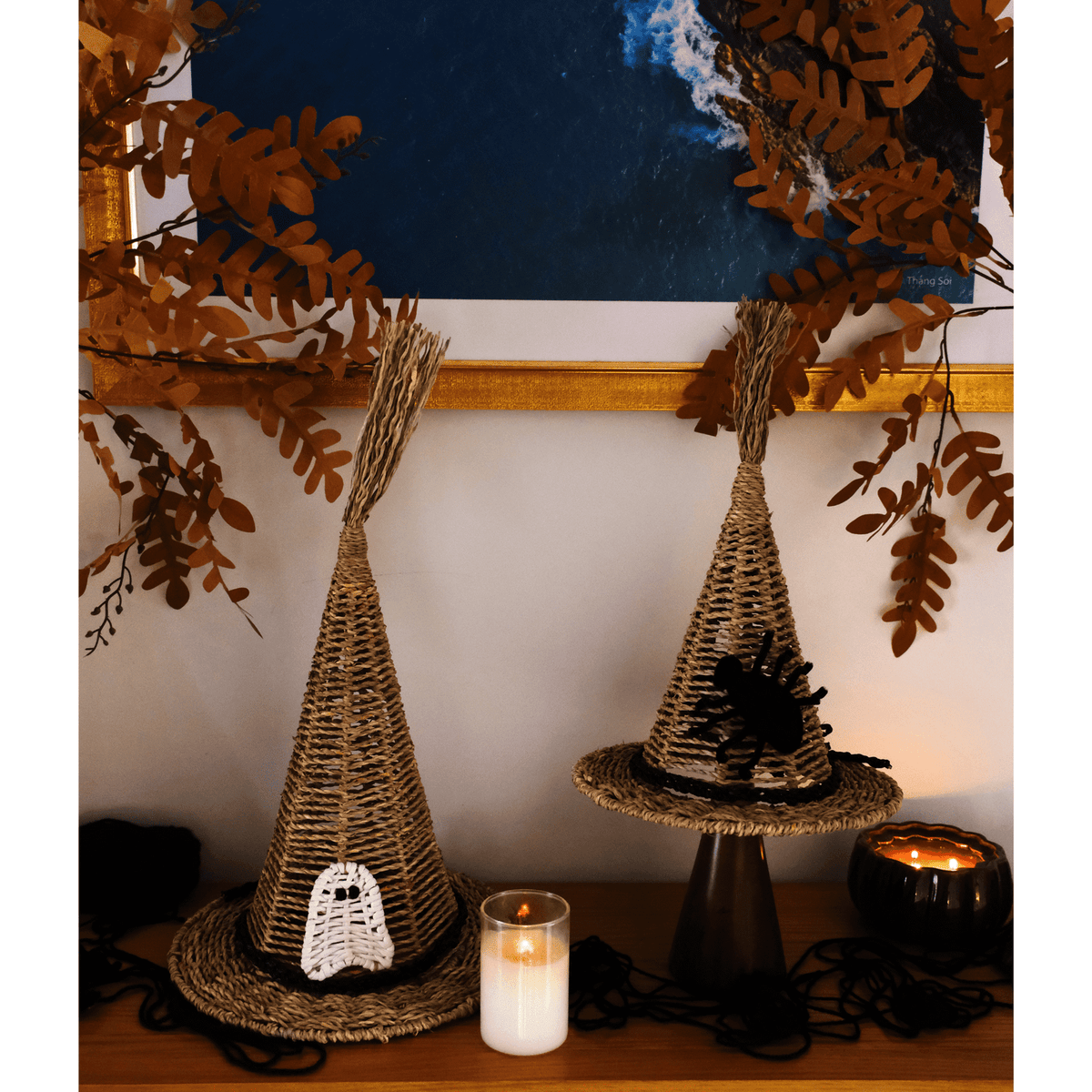 Set of 2 Handwoven Natural Witch Hat Decorations with Ghost and Spider Accents – Halloween Tabletop Décor