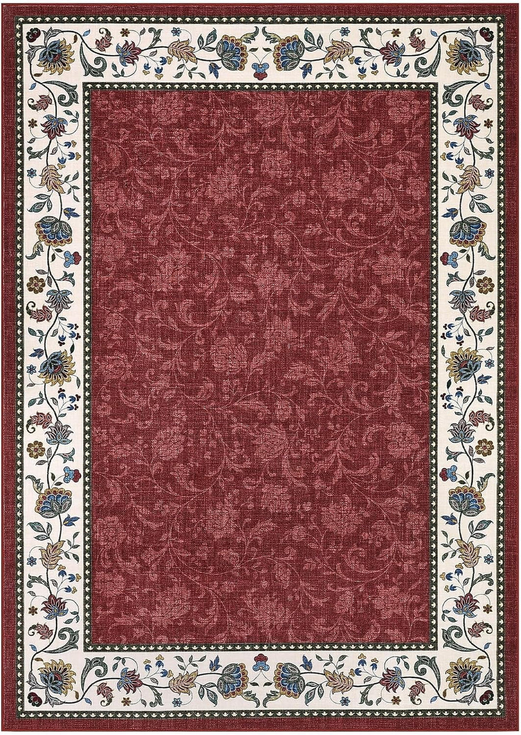 Large Living Room Rug 10x13 Non-Slip Floral Indoor Carpet Washable Floral Bordered Floor Mat Low Pile Non-Shedding Foldable Neutral Bedroom Rugs for Dining Room Nursery Home Office Red