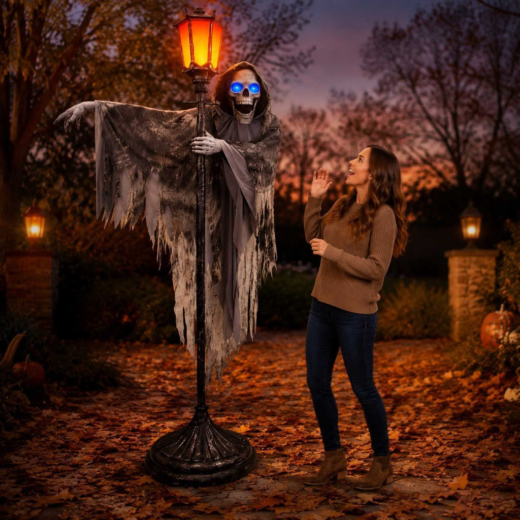 Light Up Blue LED Eyes Skeleton Ghost Freestanding Street Lamp Prop Tattered Robe Grim Reaper Figure Outdoor Yard Porch Halloween Ghost House Decor.78.74*39.37*1.96In