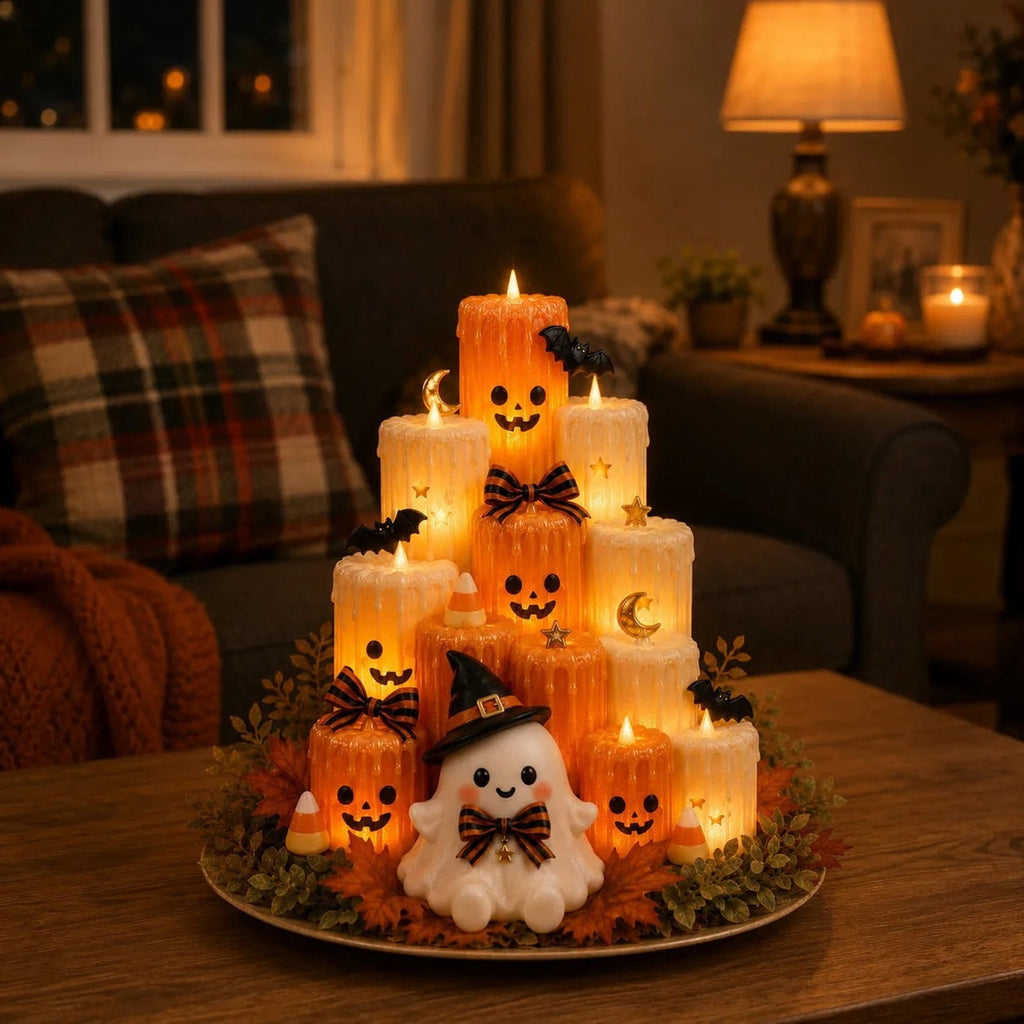 Gaecuw Halloween Ghost Pumpkin LED Candle 3D Printed Tiered Tabletop Decor for Spooky Mantel, Thanksgiving Centerpiece, Flickering Glow, Multicolor