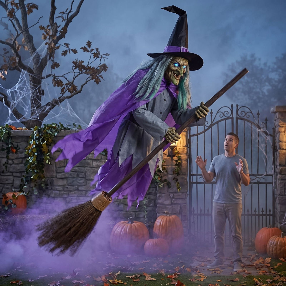 Clearance Halloween Flying Witch Prop, 6 Ft Cloth Broomstick Witch with Glowing Eyes and Sound Activated Effects, Spooky Garden Porch Yard Party Decor