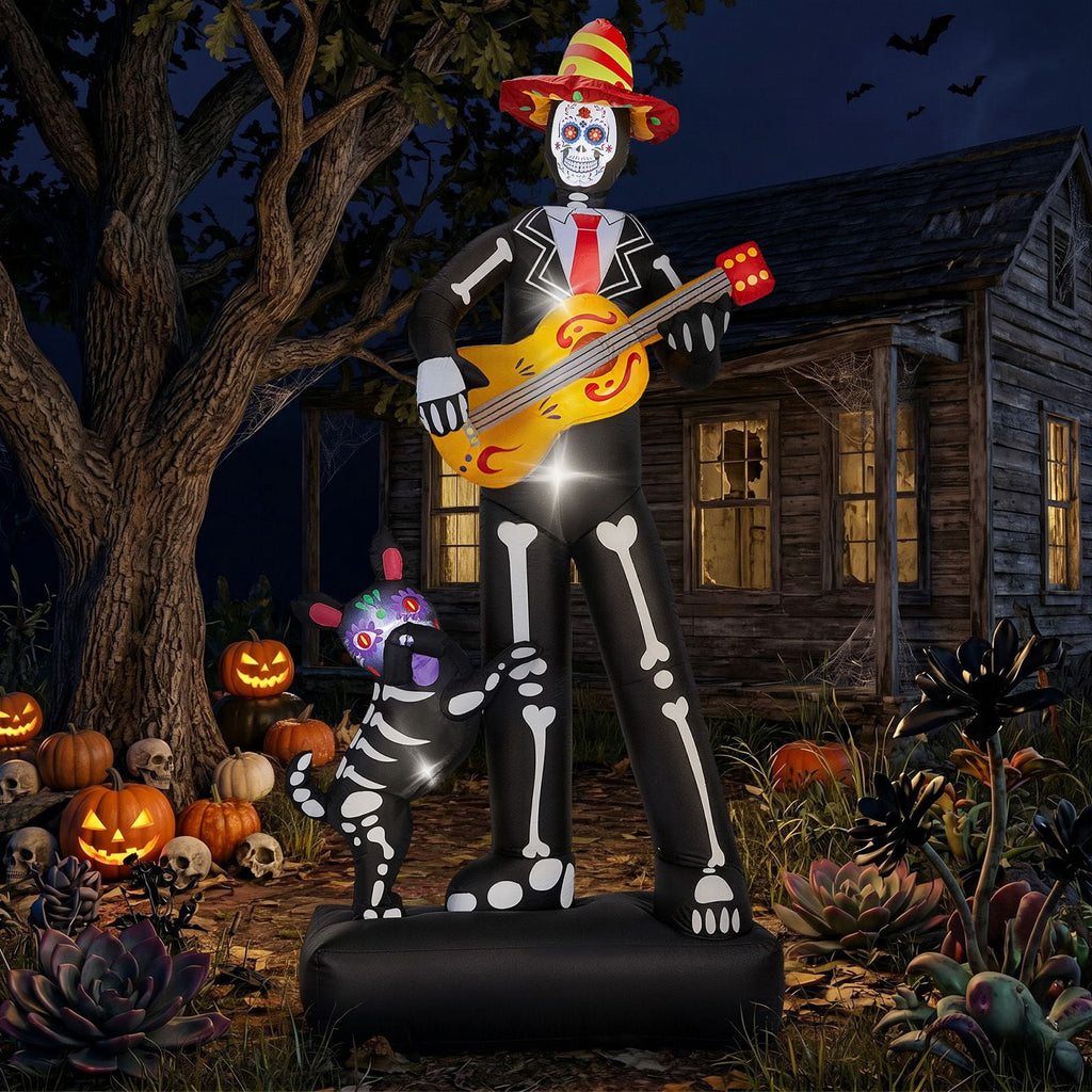7.3FT Inflatable Ghost Musician with Puppet 6 LED Lights Black Orange Halloween Yard Decor