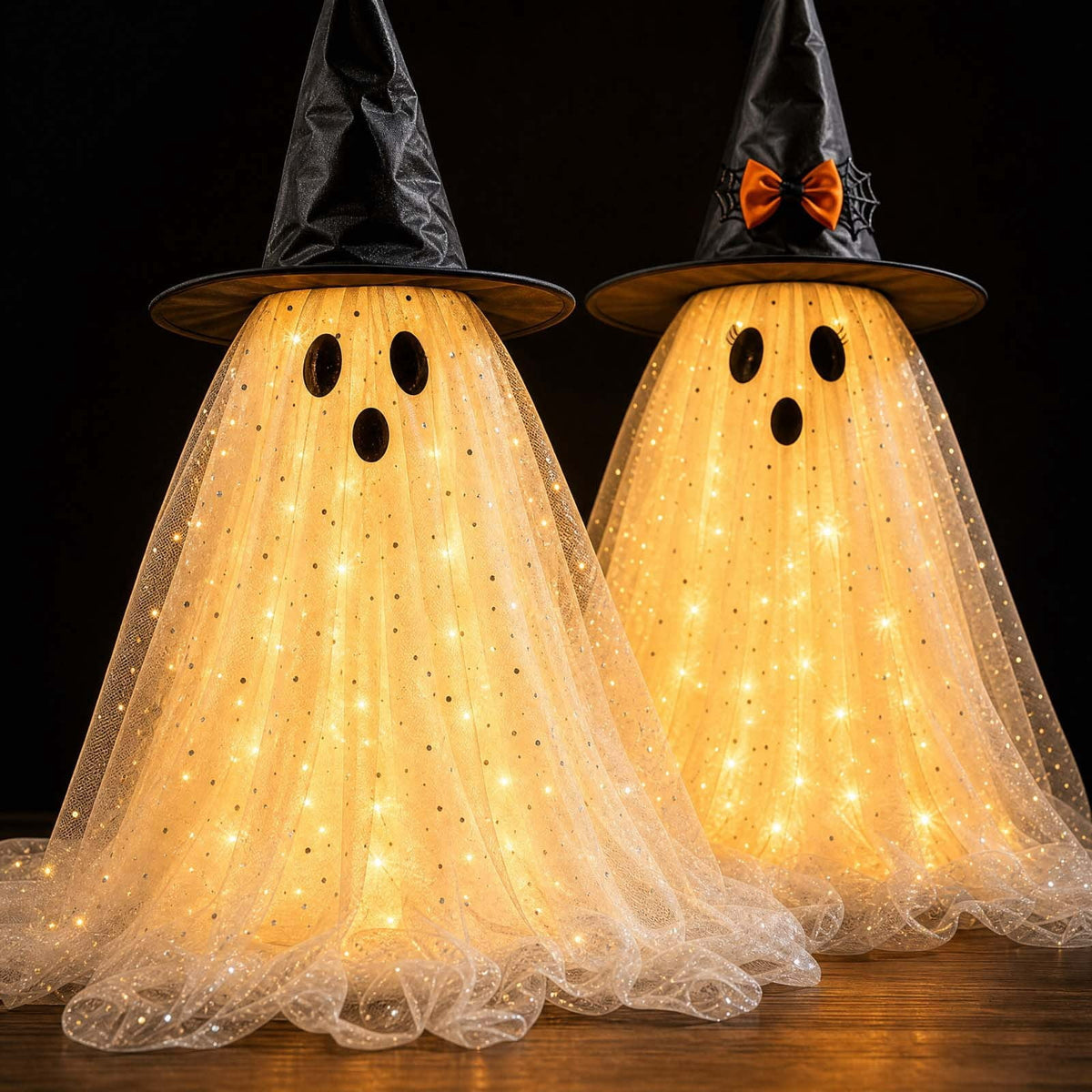 2 Pack Light Up Standing Tulle Ghost Halloween Decorations with Witch Hat, Warm LED Fairy Light Ghost Yard Stakes, Spooky Cute Ghost Outdoor Lawn Porch Mantel Home Halloween Party Decor