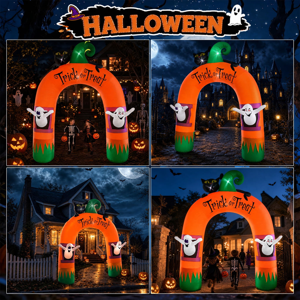 VETPW 10FT Large Halloween Inflatable Archway Decoration, Halloween Blow Up Lighted Archway with Ghost & Black Cat & Cornucopia, Trick & Treat Yard Garden Patio Lawn Outside Decor