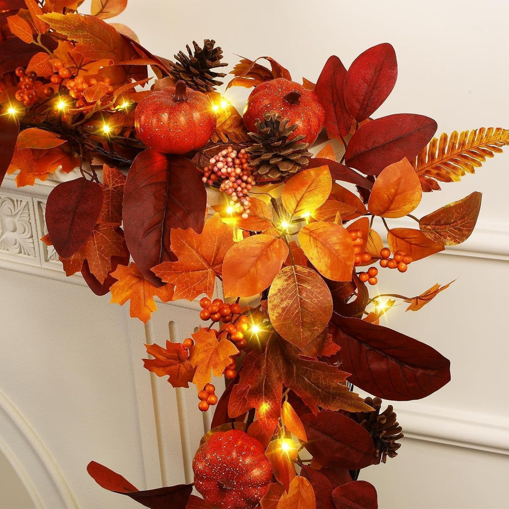 2 Packs 9ft Fall Garland with Lights and Timer for Mantle