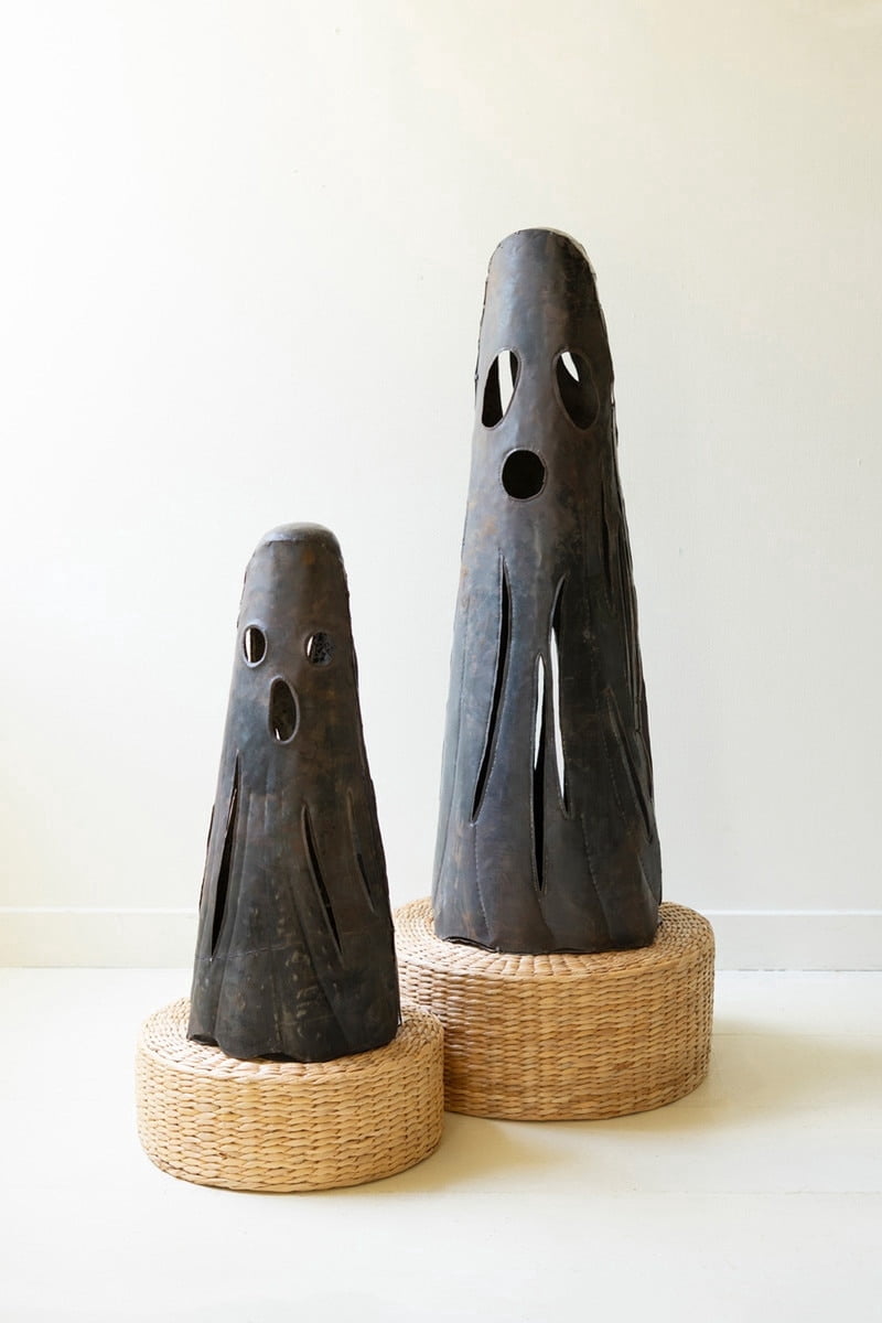 2-Piece Rustic Iron Ghost Luminaries Set - 15.7" & 7.8" Tall Metal Halloween Candle Holders - Primitive Farmhouse Spooky Decor for Indoor Fireplace Mantel, Porch, and Autumn Table Centerpieces