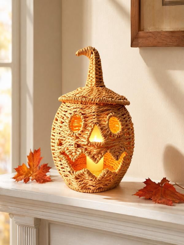 Lighted Halloween Table Centerpiece, Witch Hat Pumpkin Lamp, Black Woven Rattan Halloween Decor Indoor, Glowing Tabletop Decoration for Party Home