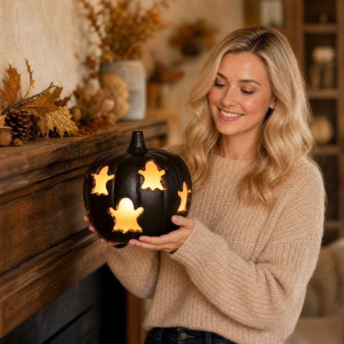 Lighted Halloween Table Centerpiece, Witch Hat Pumpkin Lamp, Black Woven Rattan Halloween Decor Indoor, Glowing Tabletop Decoration for Party Home
