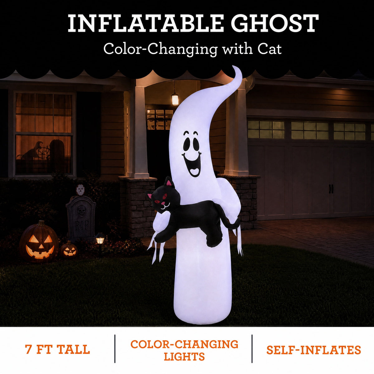 Color-Changing Ghost with Cat Airblown Yard Inflatable, Multicolor, 7', Halloween by Way To Celebrate