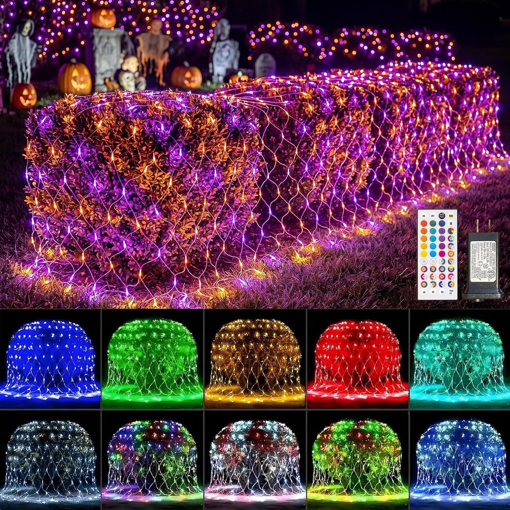 204 LED Christmas Net Lights Outdoor Connectable, 9.8FT x 6.6FT | 35 Colors Changing Halloween Net Lights with Remote, 9 Modes RGB Mesh Light Plug in for Bushes, Xmas, Garden, Holiday Decor