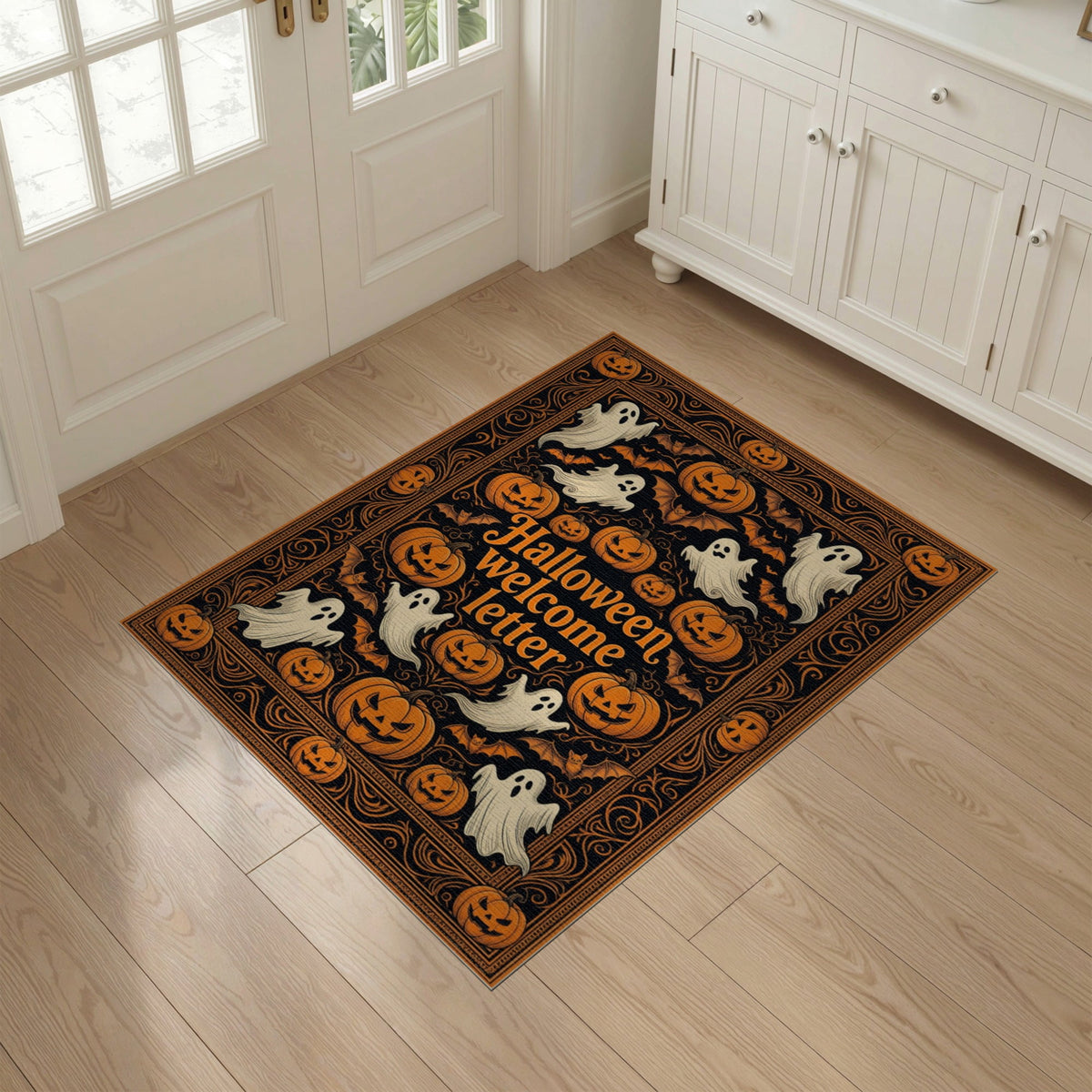 ODIKA Halloween October Phantom Gourd Flying Creature Fiber Doormat Stain Resistant Low Profile for Dorm Room, Small Living Apartment