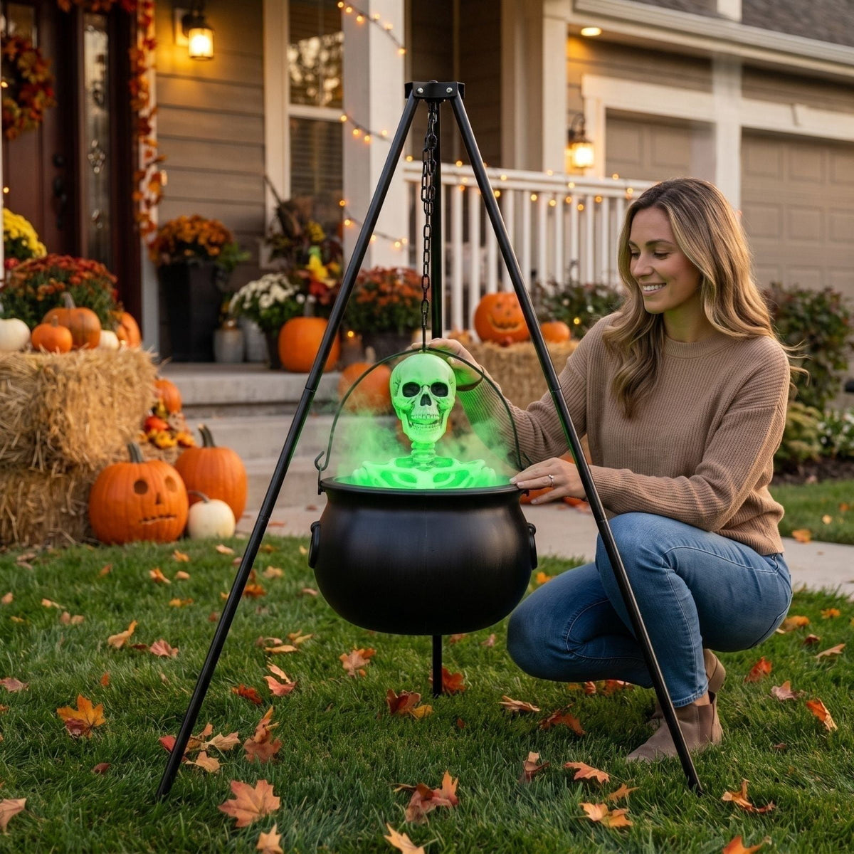 Halloween Decorations Outdoor Tripod Witch Cauldron Set with Skeleton for Lawn Yard Party