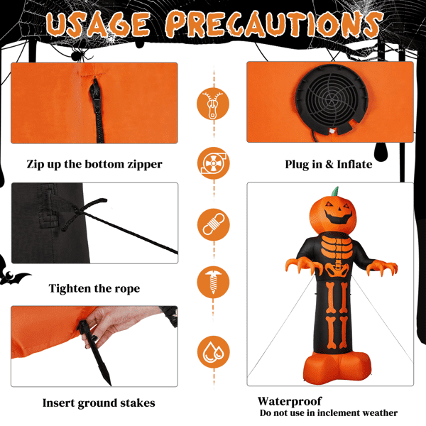 Alvantor 12 ft Pumpkin Head Skeleton Halloween Inflatable with LED and String Lights, Black and Orange