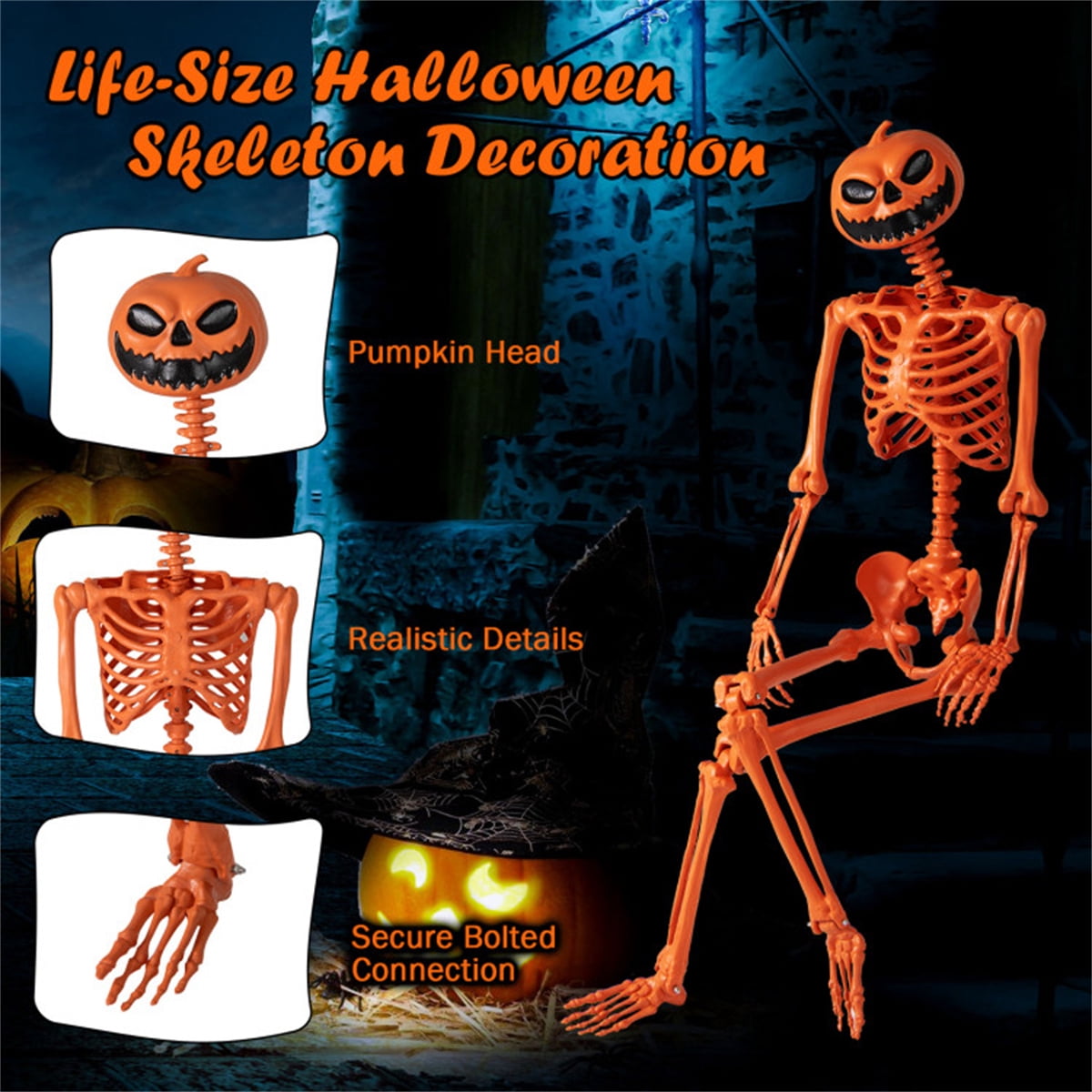 ECOBUY 5.5ft Life-Size Poseable Halloween Skeleton with Pumpkin Head, Orange Full-Body Realistic Decor, Movable Joints for Indoor & Outdoor Scary Display
