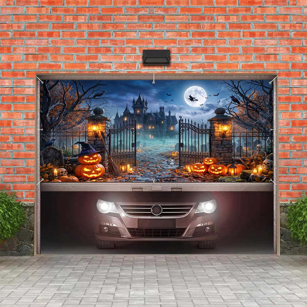 16X7ft Halloween Garage Door Cover Decorations, Spooky Skeletons Pumpkin Large Garage Wall Backdrop Hanging Banner for Halloween Yard Indoor Outdoor Party Decor