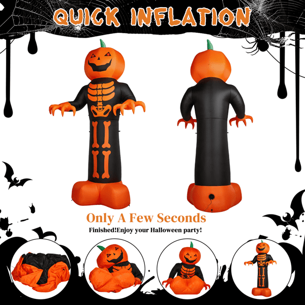 Alvantor 12 ft Pumpkin Head Skeleton Halloween Inflatable with LED and String Lights, Black and Orange