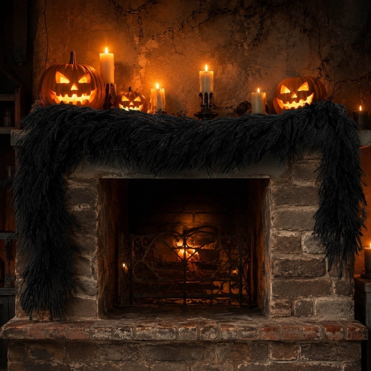 SDJMa 8.86ft Black Artificial Norfolk Pine Garland, Thickened Halloween Garland for Indoor Outdoor Fireplace Mantle Table Stairs Decor