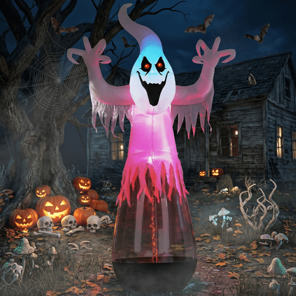 COTINSE 12 FT Halloween Inflatable Ghost with 2 LED Lights & Stage Light, Giant Clear PVC Blow Up Yard Decoration, Black & White