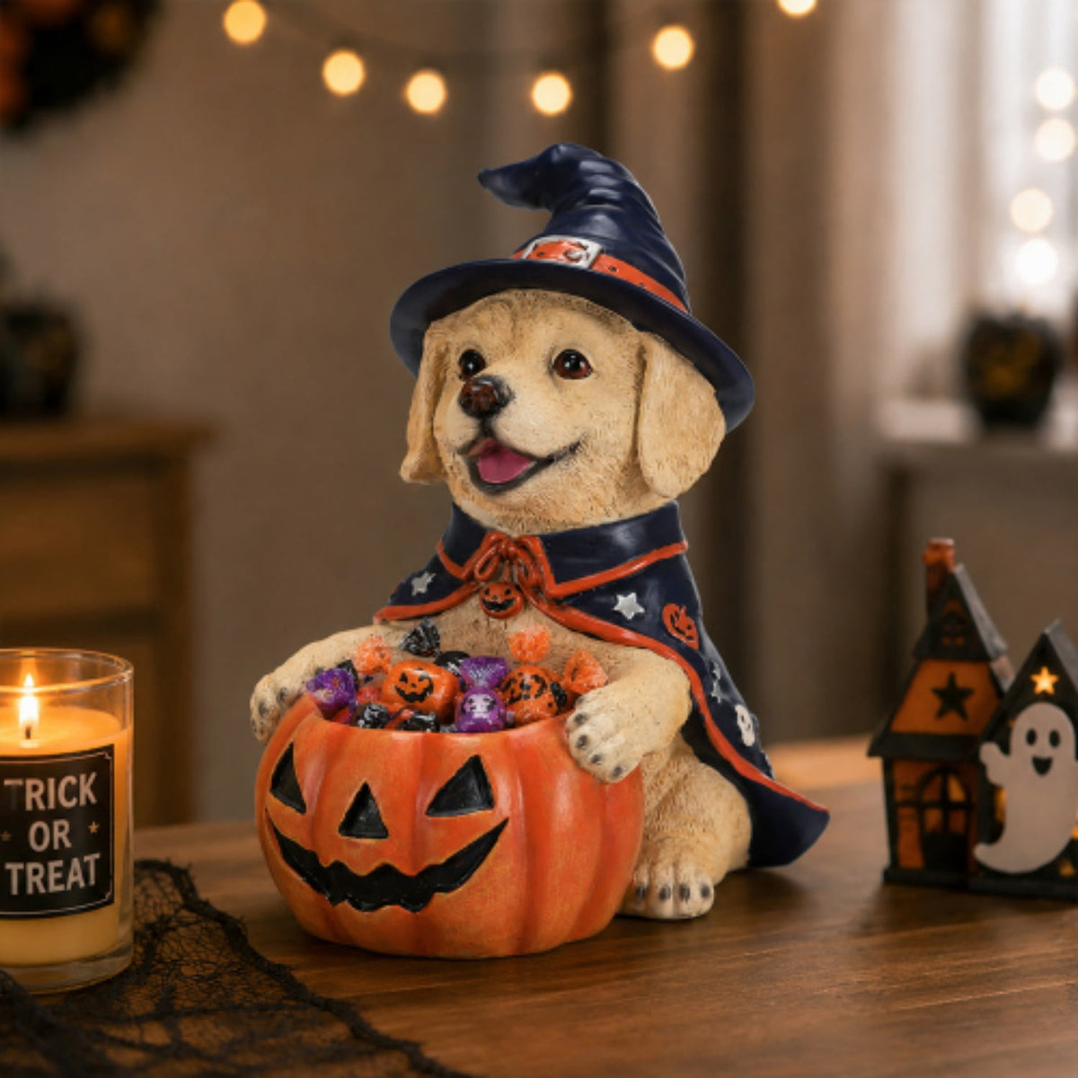 SpookHaven Halloween Jack‑O‑Lantern Pumpkin Mist Sprayer Figurine, LED Light‑Up Fogger with Witch Hat & Skull Decoration, Spooky Ornament for Tabletop Entryway Halloween Party Home Decor