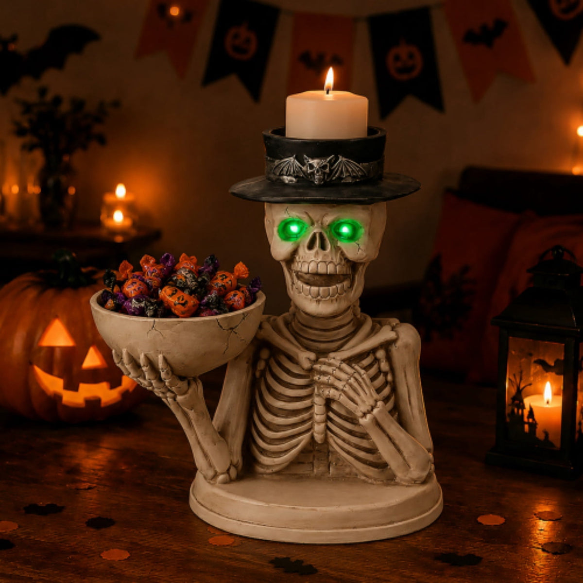 Halloween Skeleton Butler Floor Statue with Serving Tray & Realistic Black Cat, 35.43 Inch Gothic Resin Standing Decor for Entryway, Porch, Living Room, Halloween Party Home Decoration