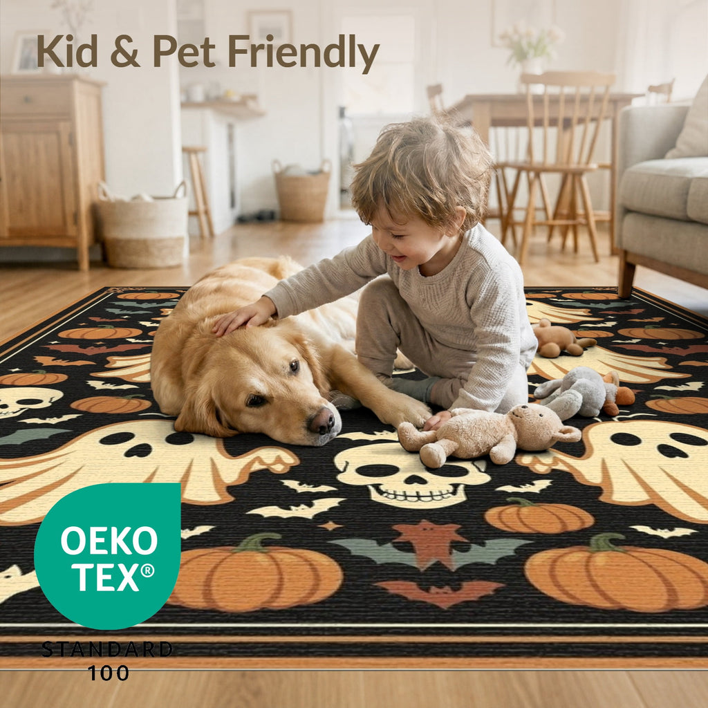 ODIKA Retro Halloween Welcome Featuring Ghosts Pumpkins Bats Skulls Non-Slip Flatwoven for Living Room, Under Sectional, Family
