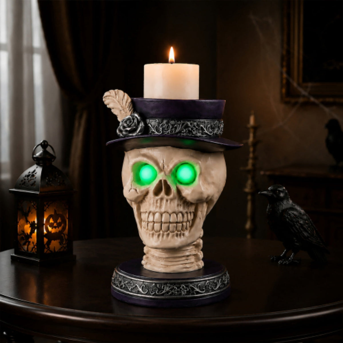 SpookHaven Halloween Ghost Resin Figurine, Light‑Up Ghost Statue with LED Glowing Green Eyes for Spooky Tabletop & Haunted House Party Decor