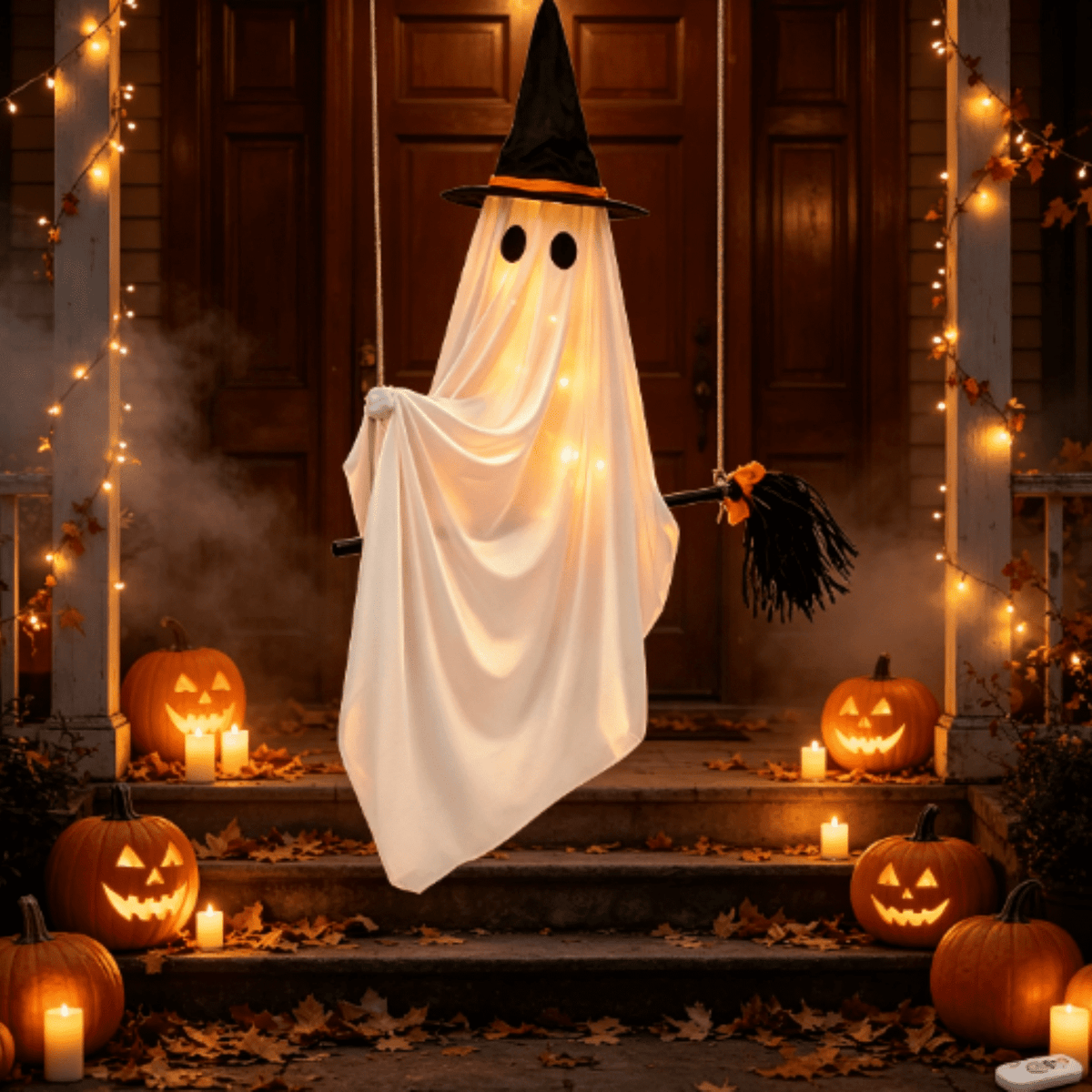 Halloween Decorations Outdoor, Lighted Hanging Ghost Decor with Witch Hat & Broom, LED Flying Ghost Decoration for Porch, Yard, Tree, Patio, Haunted House & Indoor Party 43.3in