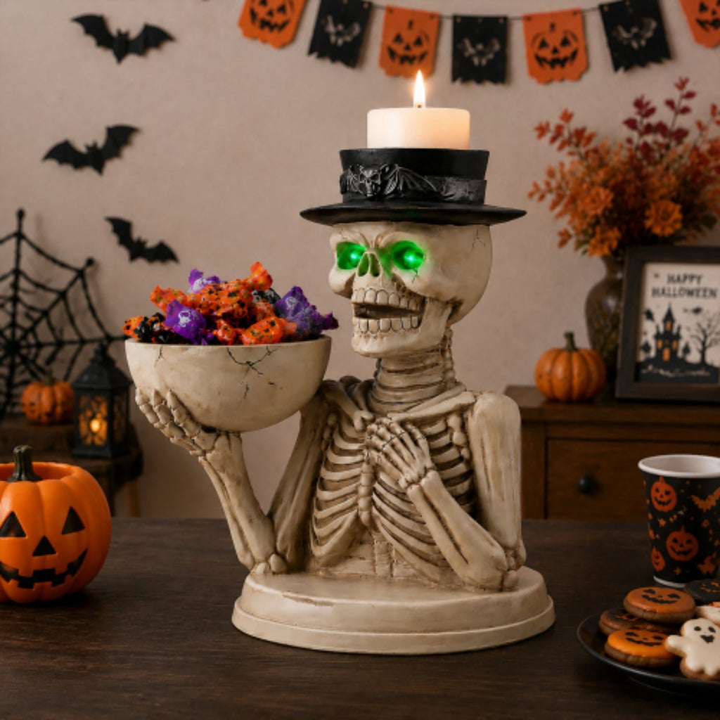 Halloween Skeleton Butler Floor Statue with Serving Tray & Realistic Black Cat, 35.43 Inch Gothic Resin Standing Decor for Entryway, Porch, Living Room, Halloween Party Home Decoration