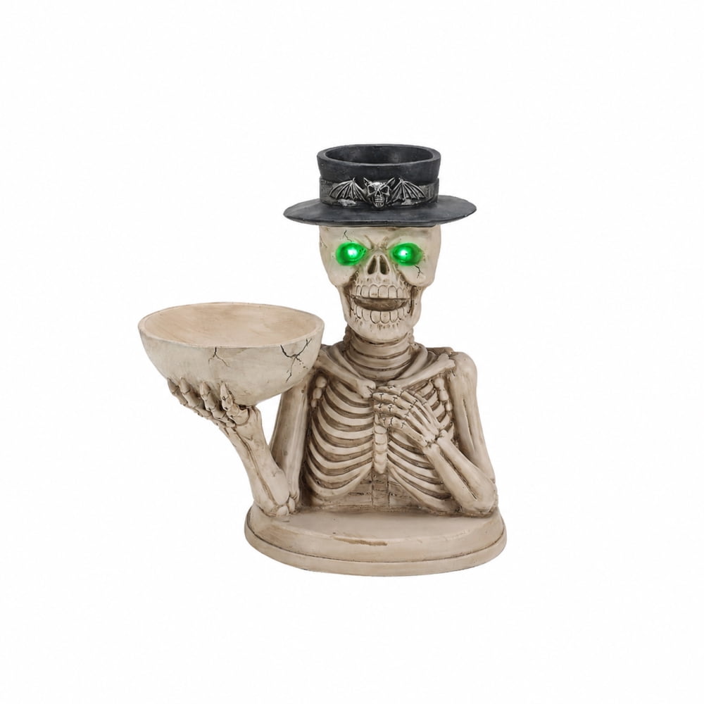 Halloween Skeleton Butler Floor Statue with Serving Tray & Black Cat, Resin Gothic Home Decor for Entryway Porch Living Room