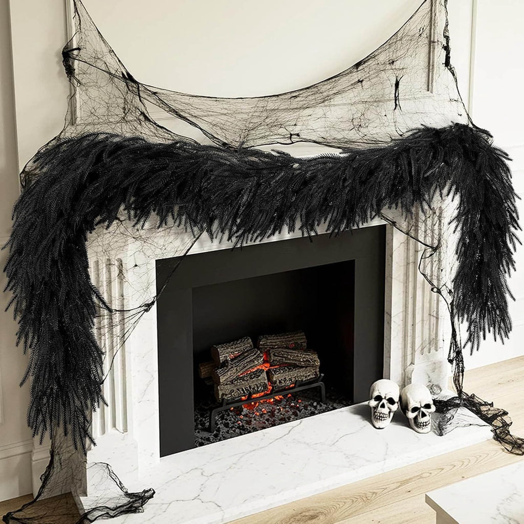 SDJMa 8.86ft Black Artificial Norfolk Pine Garland, Thickened Halloween Garland for Indoor Outdoor Fireplace Mantle Table Stairs Decor