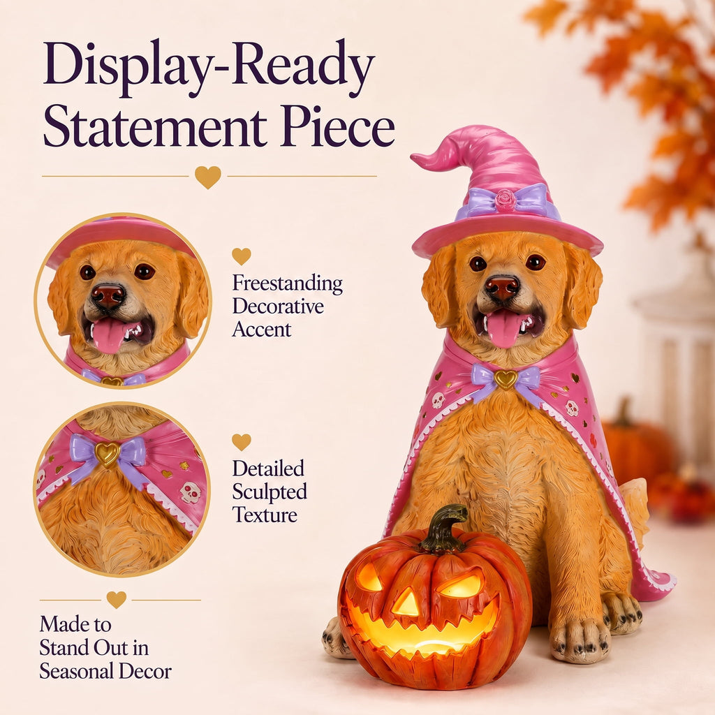 A7Store Halloween Golden Retrieve Dog Indoor Outdoor Porch Statue with Lighted Pumpkin, Pink Witch Hat and Cape