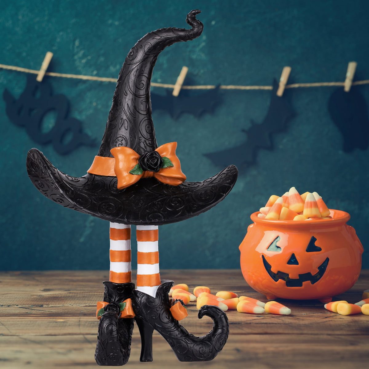 Haute Decor Halloween Witch Hat with Legs 17 Inch Tall Tabletop Figurine Orange/Black