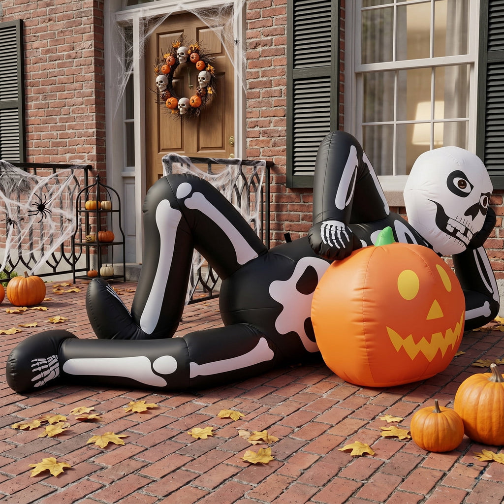 7ft Inflatable Halloween Lying Skeleton with 7 LED Lights Black and White Decor for Lawn