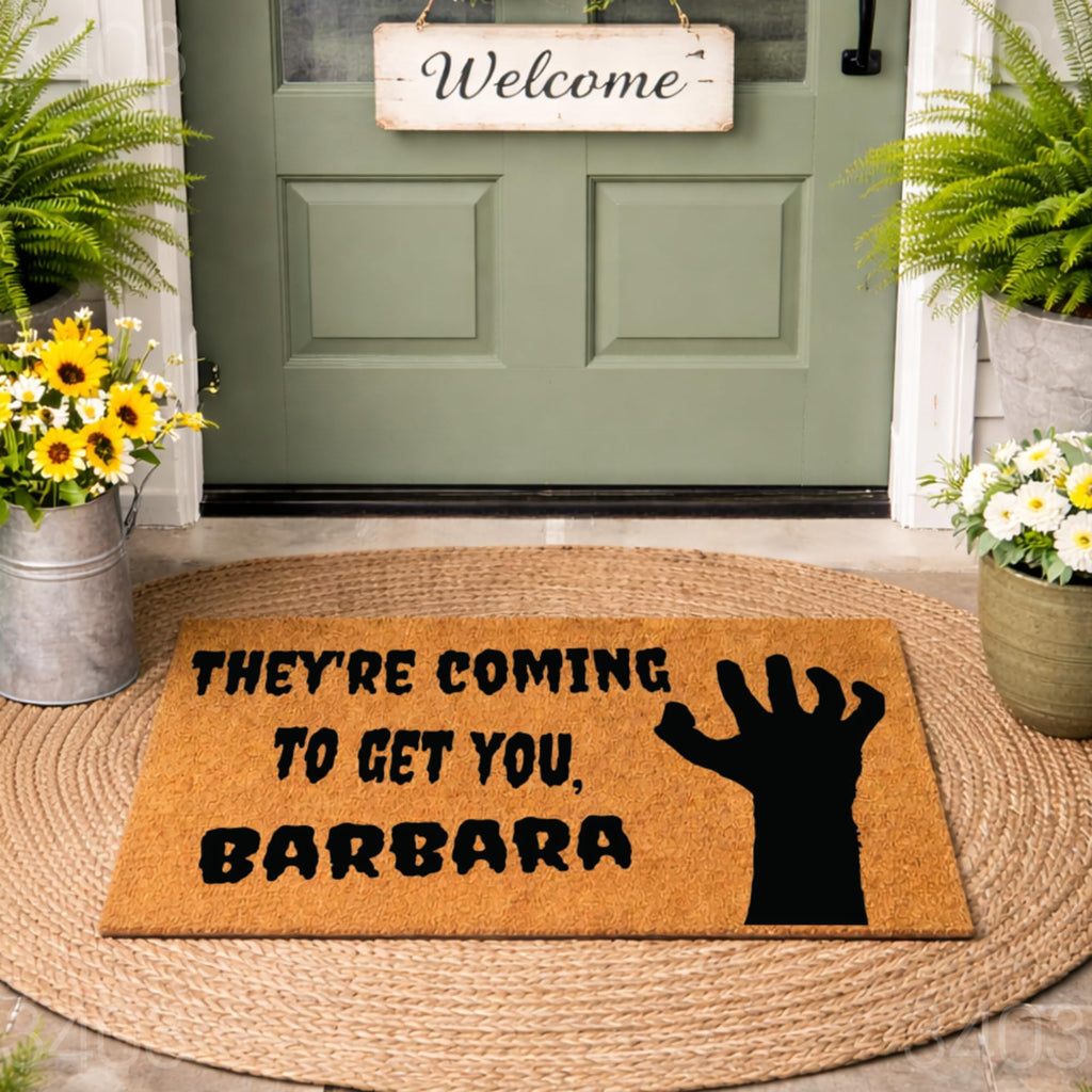 Halloween Doormat, They're Coming To Get You Barbara Quote, Zombie Hand Silhouette, Funny Scary Welcome Mat, Front Door Decor 3403 (36x60 inches) 3403
