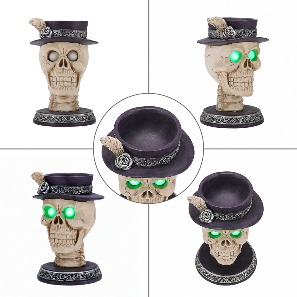 Halloween Skeleton Butler Floor Statue with Serving Tray & Black Cat, Resin Gothic Home Decor for Entryway Porch Living Room