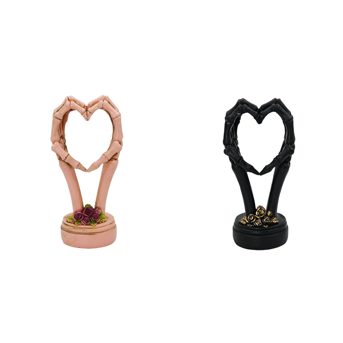3Pcs Halloween Skeleton Heart Hands Sculpture, Resin Abstract Bone Finger Gesture Statue with Floral Ornament Base, Gothic Home Desktop Decor for Shelf, Mantel, Dressing Table and Party Display