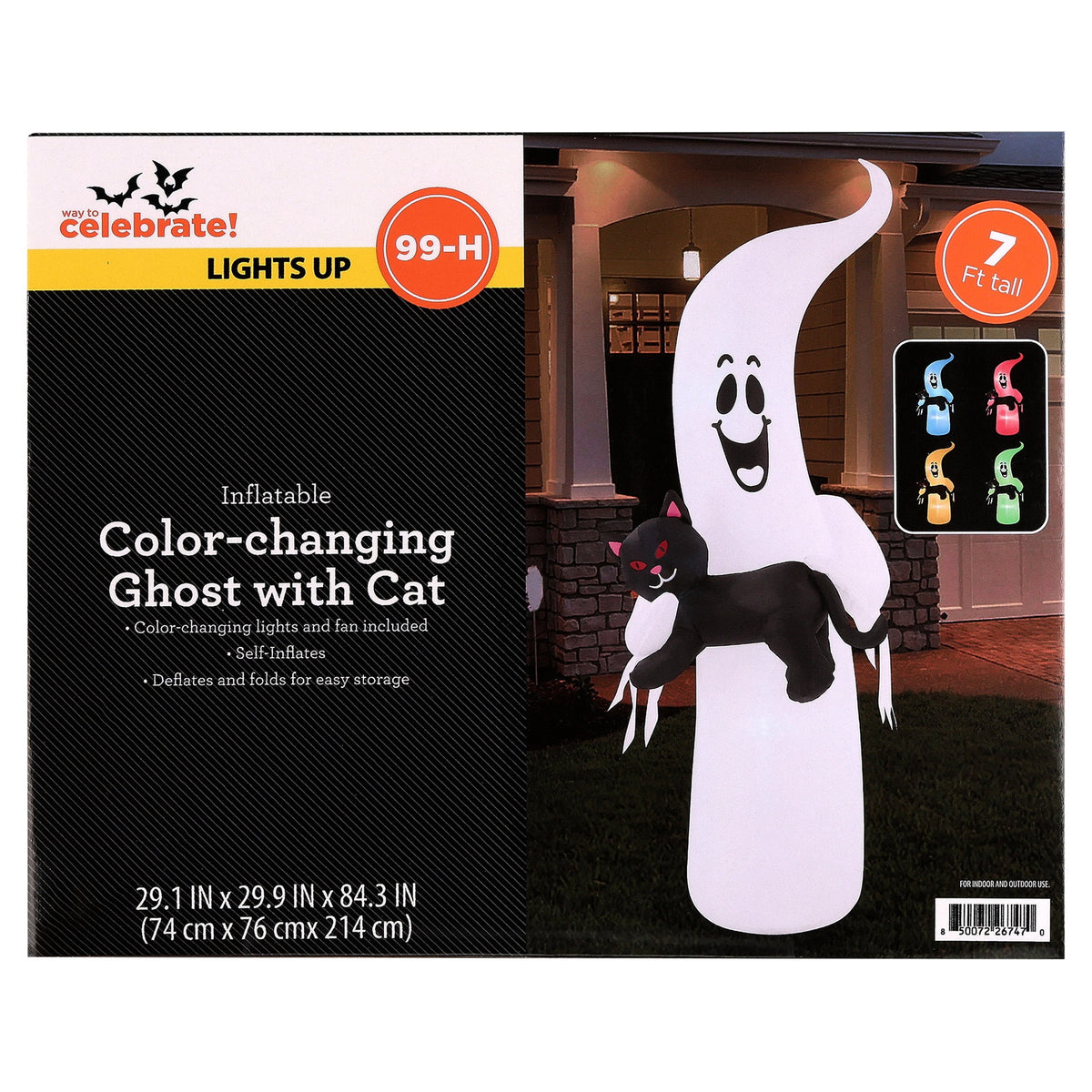 Color-Changing Ghost with Cat Airblown Yard Inflatable, Multicolor, 7', Halloween by Way To Celebrate