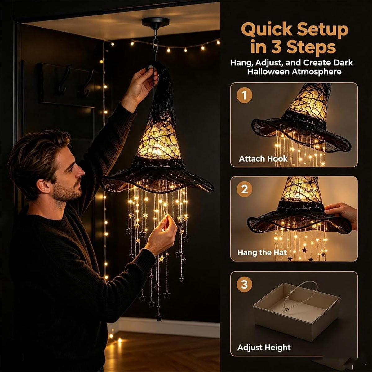 Lighted Witch Hat Hanging Chime, LED Black Mesh Witch Hat with Glowing Star Garland, Indoor Outdoor Halloween Decor for Porch Tree Window