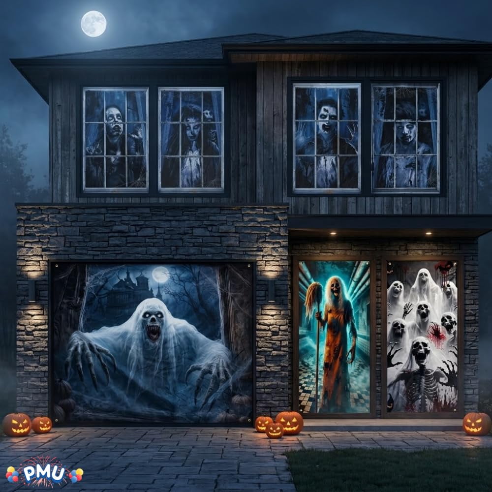 PMU 7-Piece Halloween Garage Door Cover Set, 16 x 7 ft, Skeleton Window & Door Decorations