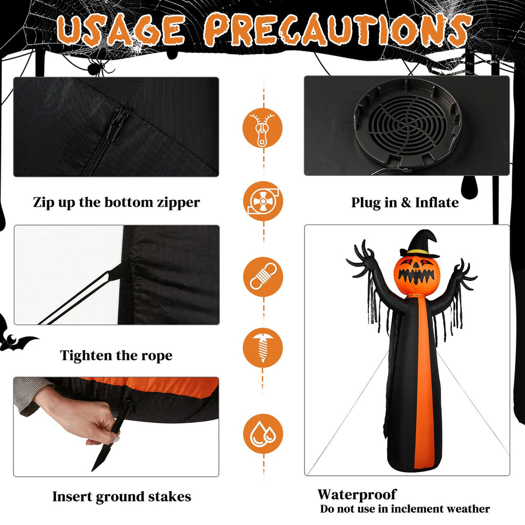 10FT Inflatable Pumpkin Ghost with Rotatable Head 6 LED Lights Black Orange Halloween Yard Decor