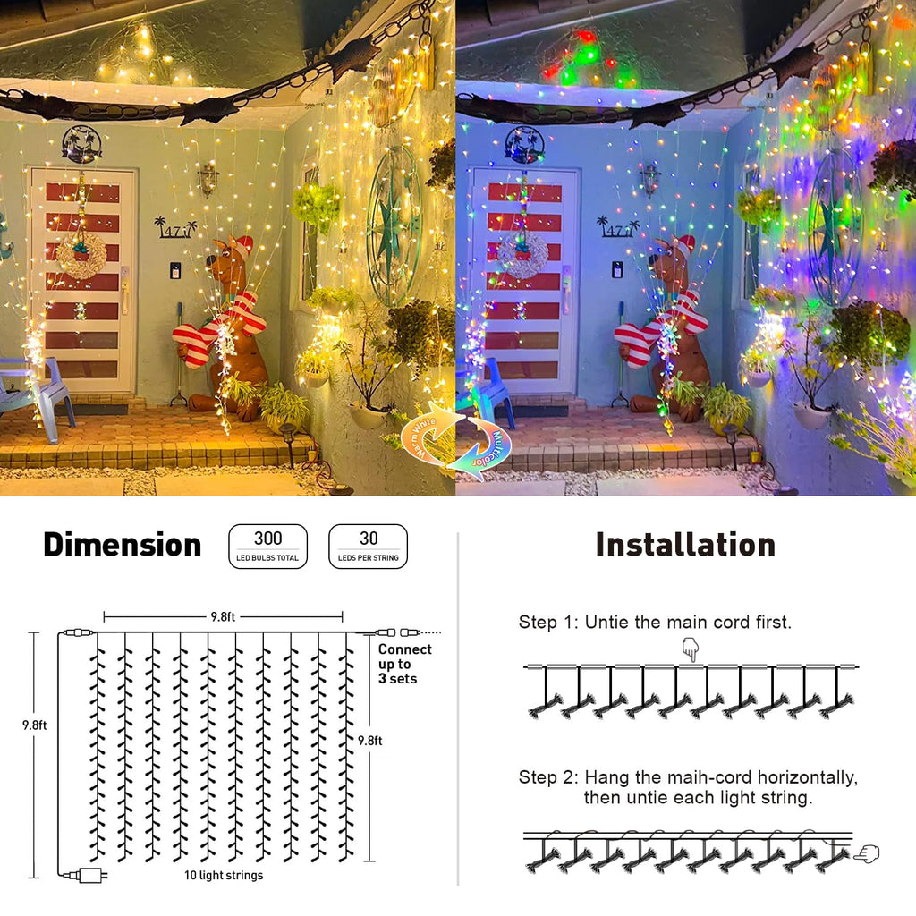 9.5x29.5ft Curtain Lights 900 LED White Indoor Outdoor Decor