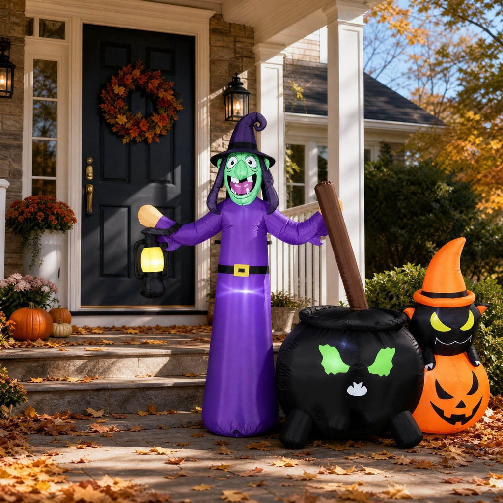Halloween Inflatable Outdoor Decoration 6 Ft Witch with Lantern Cauldron and Pumpkin Blow Up Yard Prop with LED Lights for Garden Lawn Fall Party Decor