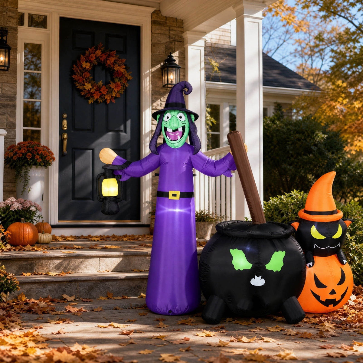 Halloween Inflatable Outdoor Decoration 6 Ft Witch with Lantern Cauldron and Pumpkin Blow Up Yard Prop with LED Lights for Garden Lawn Fall Party Decor